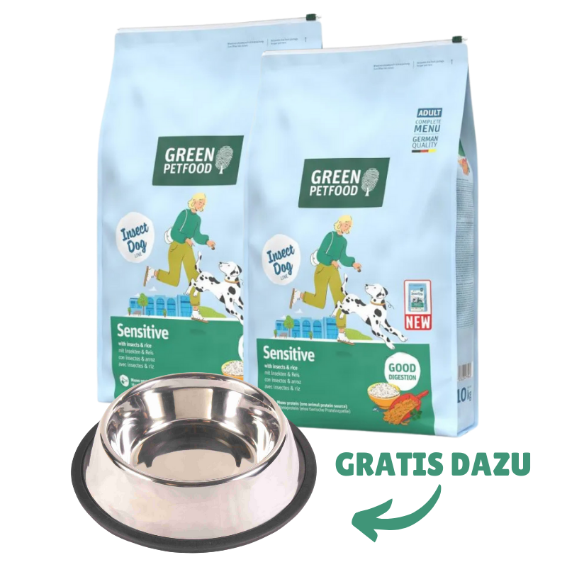 Green Petfood Dog Sensitive with Insects 2 x 10 kg + GRATIS TRIXIE Napf