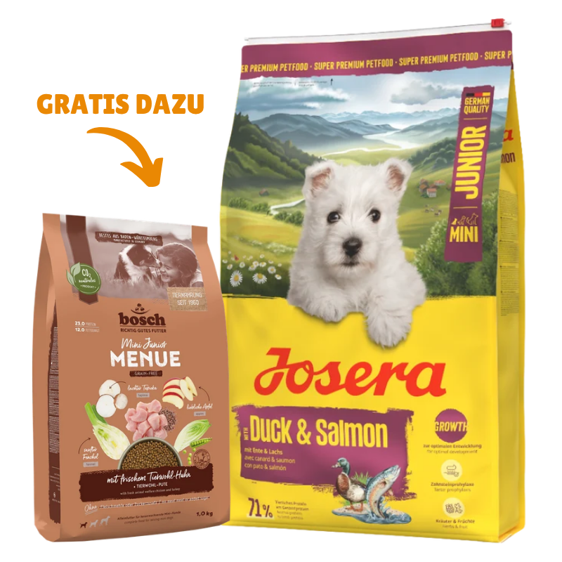 Josera Ente & Lachs Mini Junior 10 kg + GRATIS bosch HPC MENUE Mini Junior Tierwohl-Huhn 1 kg
