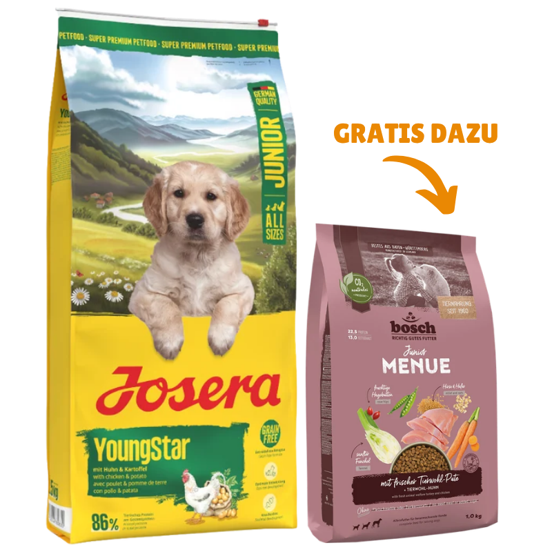 Josera YoungStar 12,5 kg + GRATIS bosch HPC MENUE Junior Tierwohl-Pute 1 kg