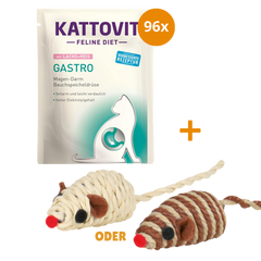 Kattovit Feline Diet Gastro Lachs & Reis 96 x 85 g + GRATIS TRIXIE Spielmaus