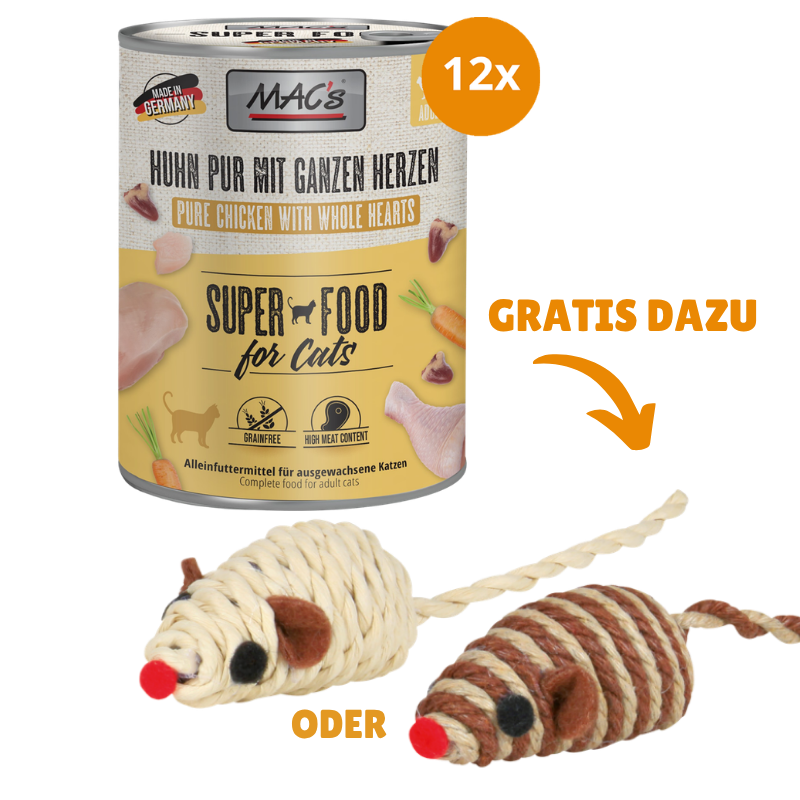 MAC's Cat Huhn mit ganzen Geflügelherzen 12 x 800 g + GRATIS TRIXIE Spielmaus