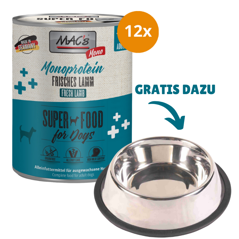 MAC's Dog Monoprotein Frisches Lamm 12 x 800 g  + GRATIS TRIXIE Napf