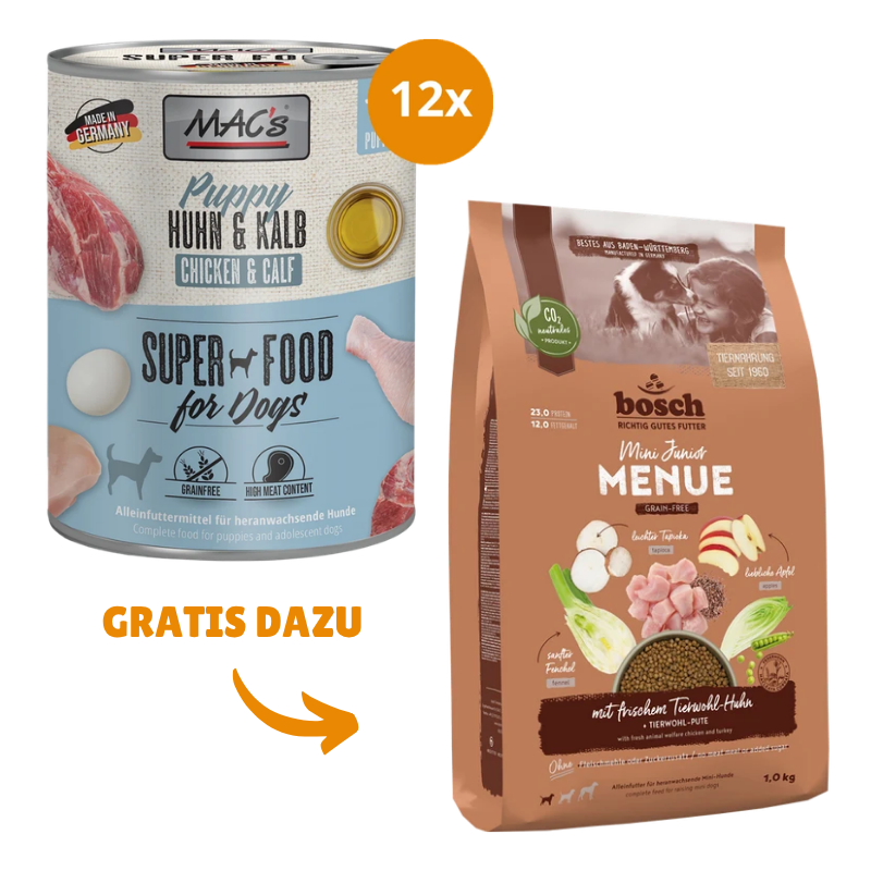 MAC's Dog Puppy Huhn & Kalb 12 x 800 g + GRATIS bosch HPC MENUE Mini Junior Tierwohl-Huhn 1 kg