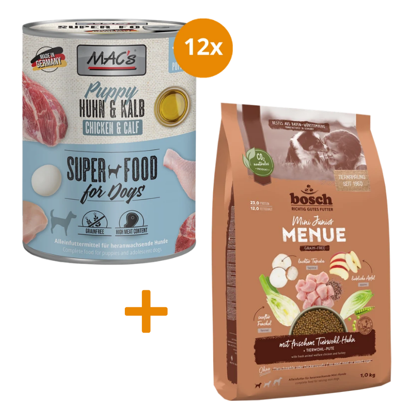 MAC's Dog Puppy Huhn & Kalb 12 x 800 g + GRATIS bosch HPC MENUE Mini Junior Tierwohl-Huhn 1 kg