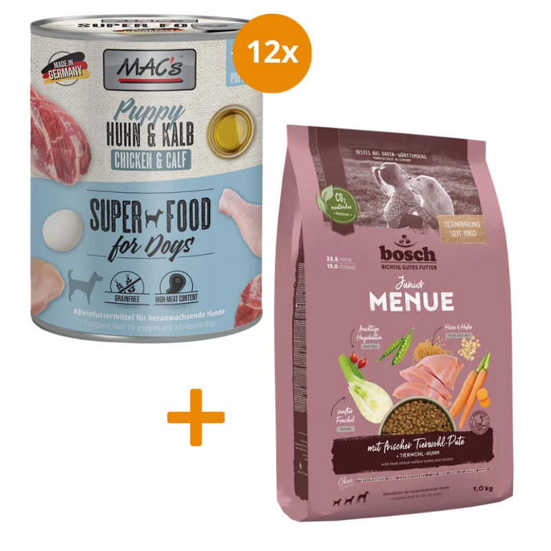 MAC's Dog Puppy Huhn & Kalb 12 x 800 g + GRATIS bosch HPC MENUE Junior Tierwohl-Pute 1 kg