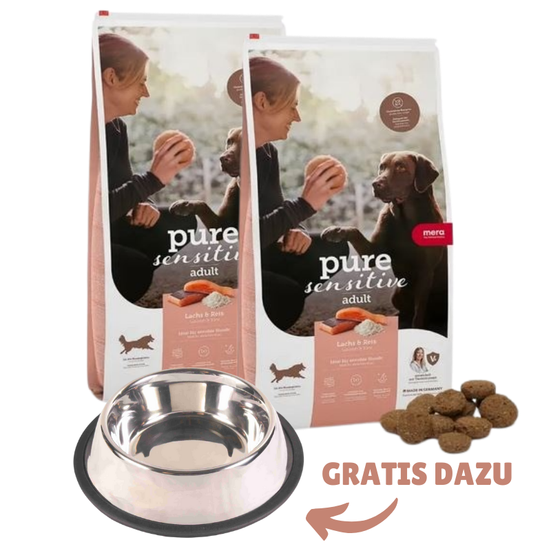 MERA pure sensitive Lachs & Reis 2x 12,5 kg + GRATIS TRIXIE Napf