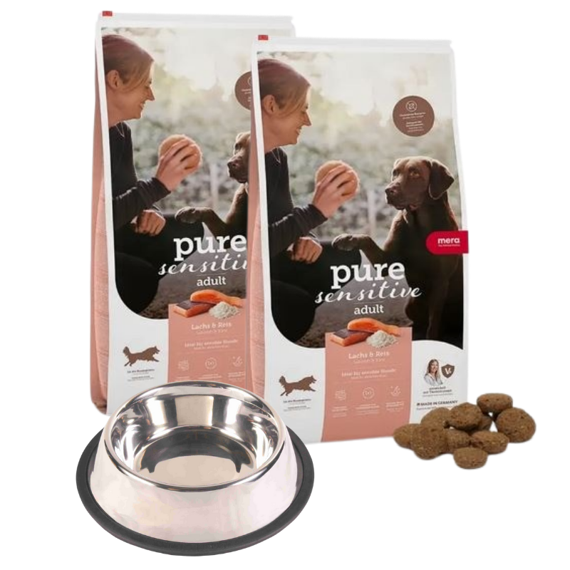 MERA pure sensitive Lachs & Reis 2x 12,5 kg + GRATIS TRIXIE Napf