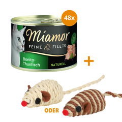 Miamor Feine Filets Naturelle Bonito-Thunfisch 48 x 156 g + GRATIS TRIXIE Spielmaus