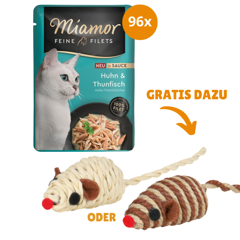 Miamor PB Feine Filets Huhn & Thunfisch in Sauce 96 x 100 g + GRATIS TRIXIE Spielmaus