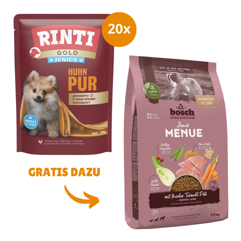 Rinti Gold PB Junior Huhn Pur 20 x 100 g + GRATIS bosch HPC MENUE Junior Tierwohl-Pute 1 kg