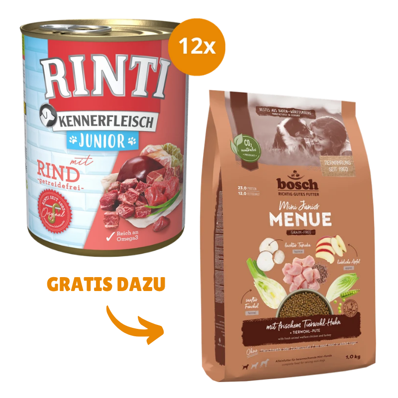 Rinti Kennerfleisch Junior Rind 12 x 800 g + GRATIS bosch HPC MENUE Mini Junior Tierwohl-Huhn 1 kg